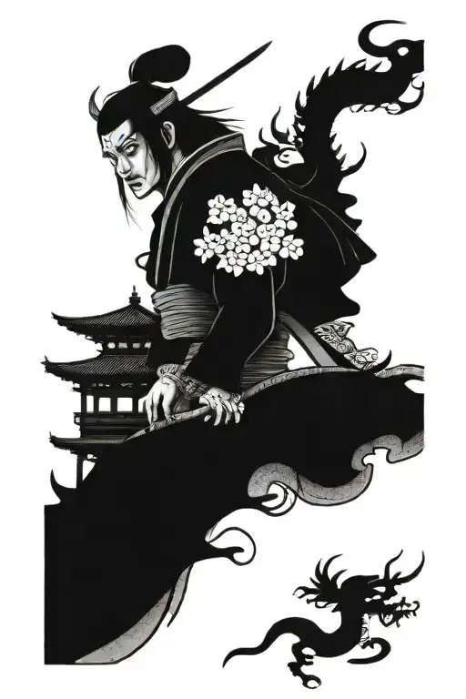 Japan Warrior With Dragon And Sakura And Japanese Old Building