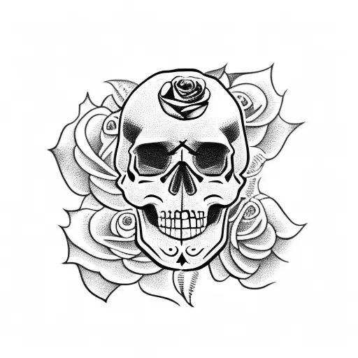 Skull Surrounded By A Bed Of Roses