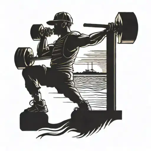 A Beach Sunset With A Silhouette Of A Construction Worker Lifting Weights