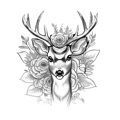 Deer With Flowers In Neotraditional