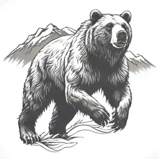 Running Grizzly Bear With Mountains