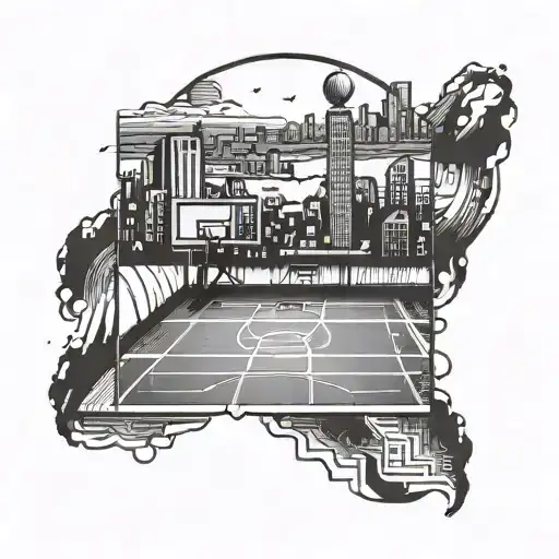 Basketball Court With A City Skyline In The Background