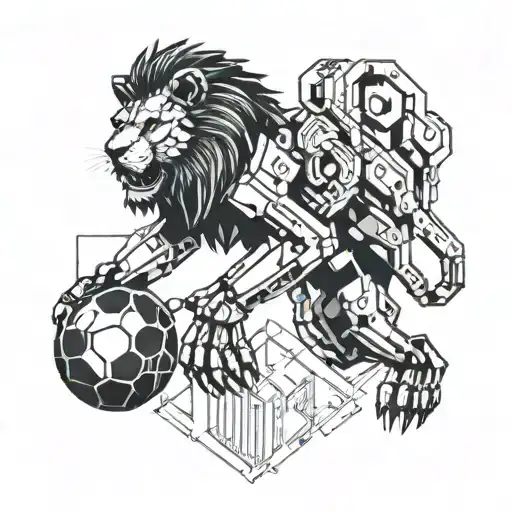A Futuristic Robotic Lion Playing Football With A Pixelated Ball