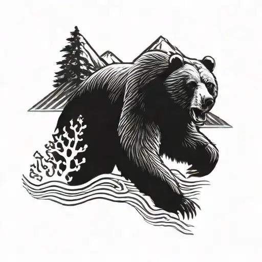 Running Grizzly Bear With Large Mountains