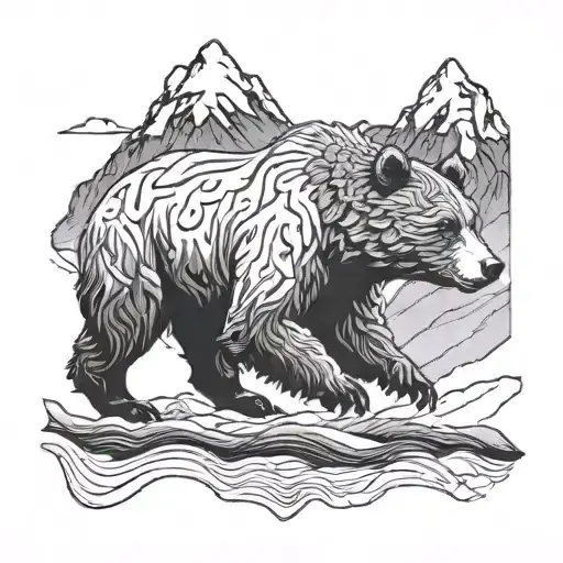 Running Grizzly Bear With Large Mountains