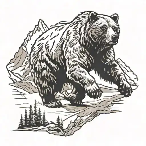 Running Grizzly Bear With Mountains In Background