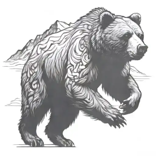 Running Grizzly Bear With Large Mountains