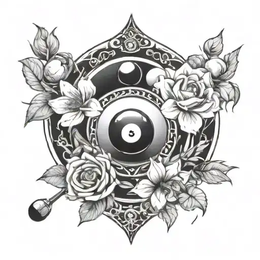 A Billiards Themed Tattoo Incorporating Elements Of Nature Such As Flowers And Animals