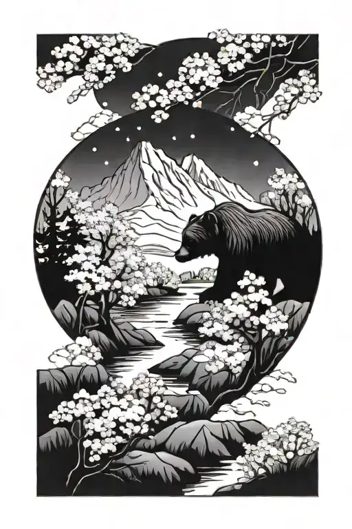 Grizzly Bear Mountain Landscape Weeping Cherry Blossom Tree Creek