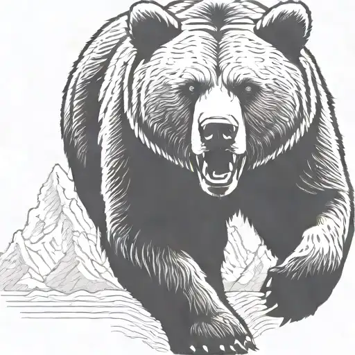 Grizzly Bear Running With Huge Mountains In Background