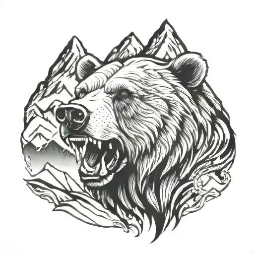 Roaring Grizzly Bear Head With Mountains In The Background