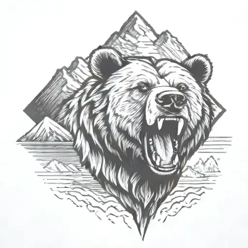 Roaring Grizzly Bear Head With Mountains In The Background