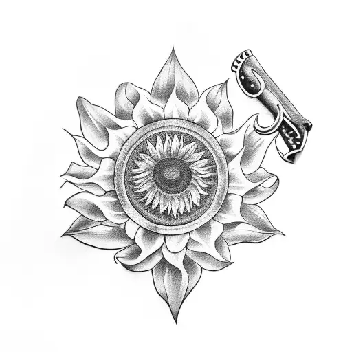 Revolver With Dog Tag And Whistle Wrapped Around It With Sunflower In Background