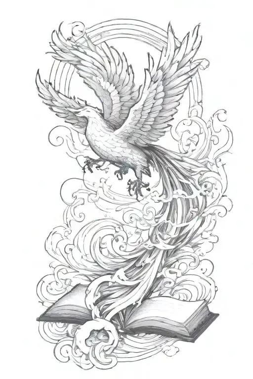 Ocean Waves With A Phoenix Flying And Flames Showing Light And Dark And A Book Page Or Books