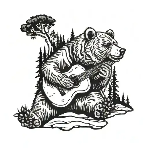 A Grizzly Bear Playing A Guitar On A Camping Trip