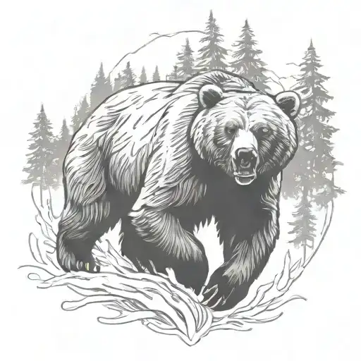 Roaring Grizzly Bear Running Through The Woods