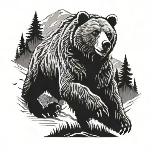 Grizzly Bear Charging In The Forrest And Mountains