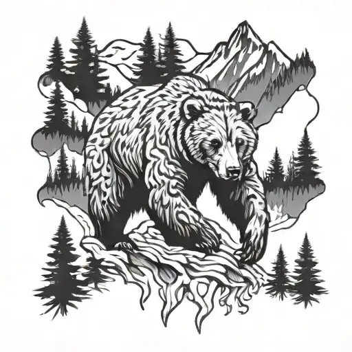 Grizzly Bear Charging And Roaring In The Forrest And Mountains