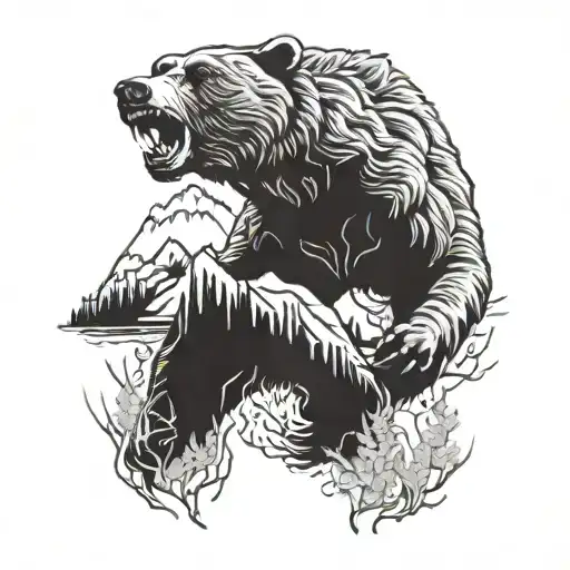 Grizzly Bear Charging And Roaring In The Forrest And Mountains