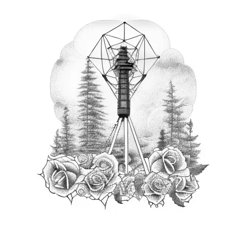A Radio Tower Surrounded By A Forest Of Roses And Wolves