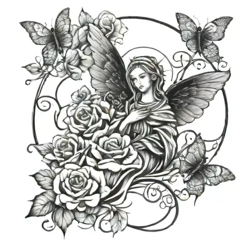Saint Mary Surrounded With Roses And Dragonflies