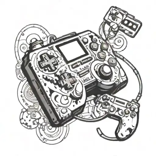 A Tattoo Design Of A Gaming Console With Anime Characters Playing Music