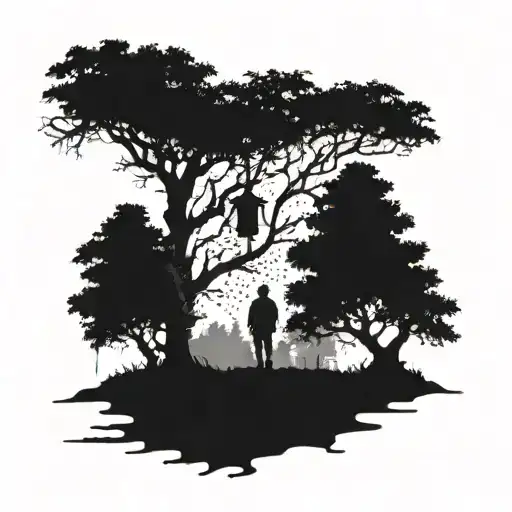 Man Walking At The End Of A Path In The Middle Of A Large Tree In A Horror Film Atmosphere