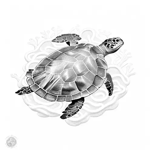 An Intricate Blackwork Design Of A Majestic Sea Turtle Swimming Through A Coral Reef