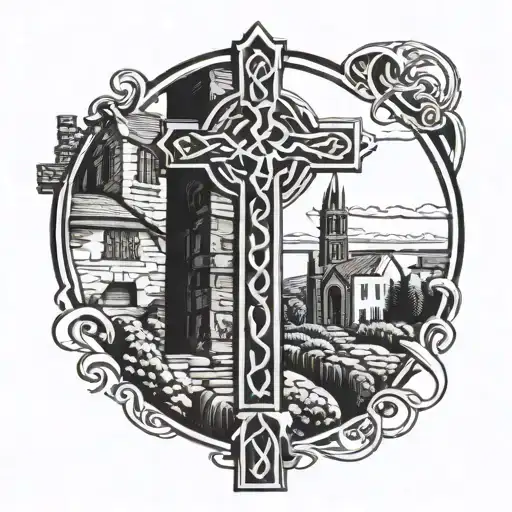 Celtic Cross With Old Buildings In Background Black