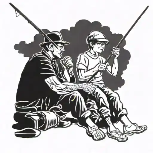 Man Sitting With A Fishing Rod And His Son