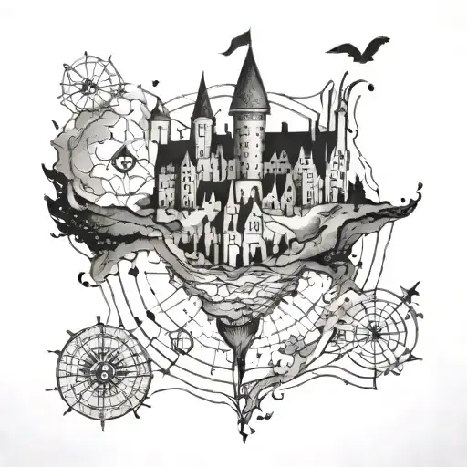 An Intricate Celestial Map Tattoo Featuring Hogwarts Castle As A Focal Point