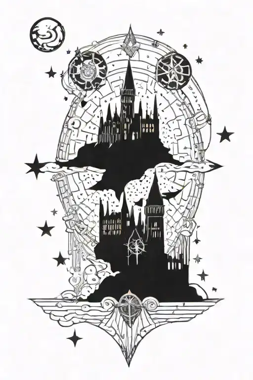 An Intricate Celestial Map Tattoo Featuring Hogwarts Castle As A Focal Point