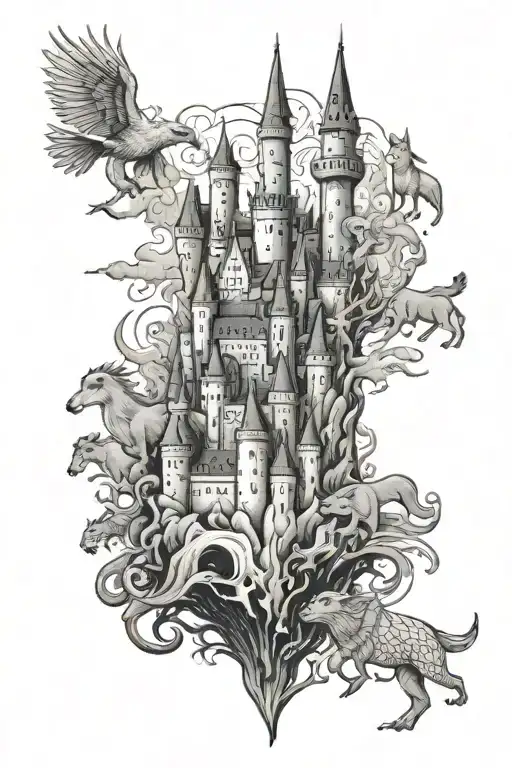 A Majestic Castle Tattoo Surrounded By Mystical Animals Inspired By Harry Potter Creatures