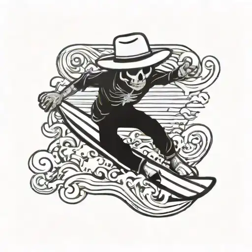 Surfing Skelton With Cowboy Hat