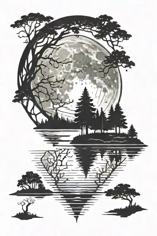 An Intricate Design Of A Full Moon Reflecting On A Tranquil Lake Surrounded By Tall Trees