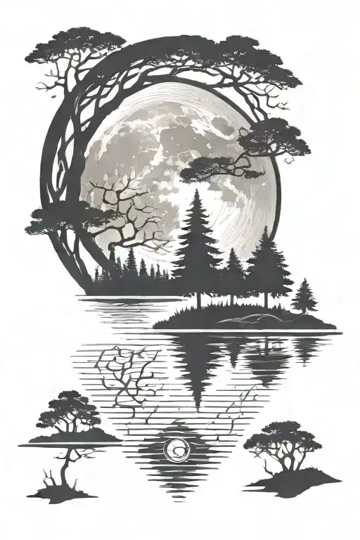 An Intricate Design Of A Full Moon Reflecting On A Tranquil Lake Surrounded By Tall Trees