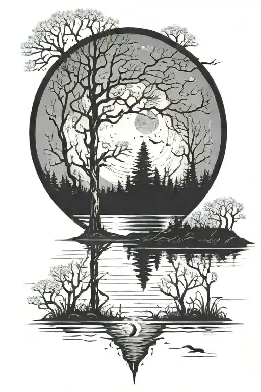 An Intricate Design Of A Full Moon Reflecting On A Tranquil Lake Surrounded By Tall Trees