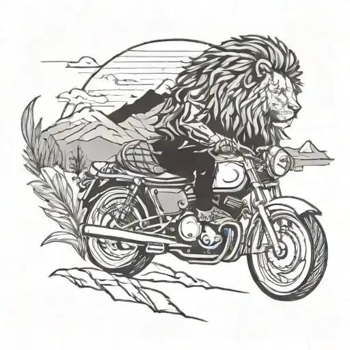 A Lion Riding A Motorcycle Through A Scenic Nature Landscape