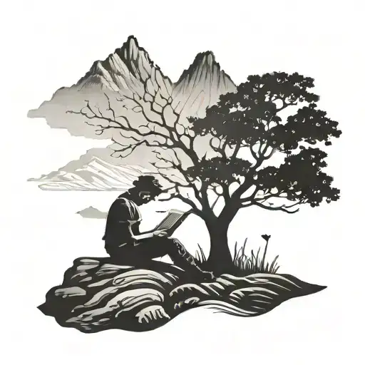 A Silhouette Of A Person Reading Under A Tree With A Mountain Backdrop