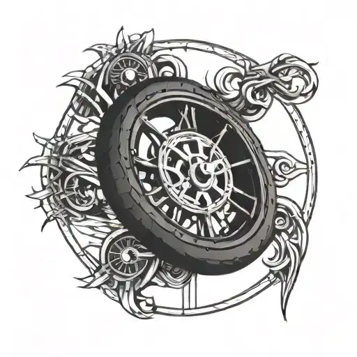 A Tire Moving Forward With Roman Numeral Clock Mechanism Intertwined
