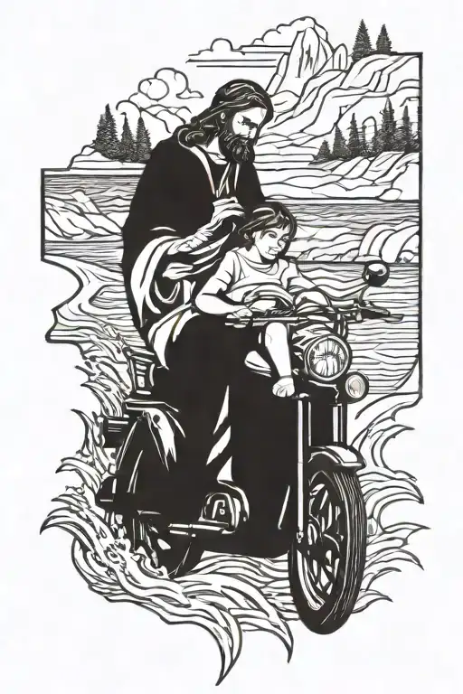 Lake Stream Waterfall Motorcycle Jesus And Mary And Child