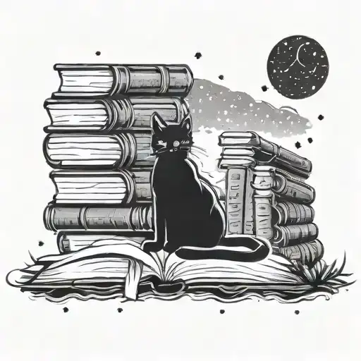 A Silhouette Of A Black Cat Sitting On A Stack Of Books Under A Starry Sky