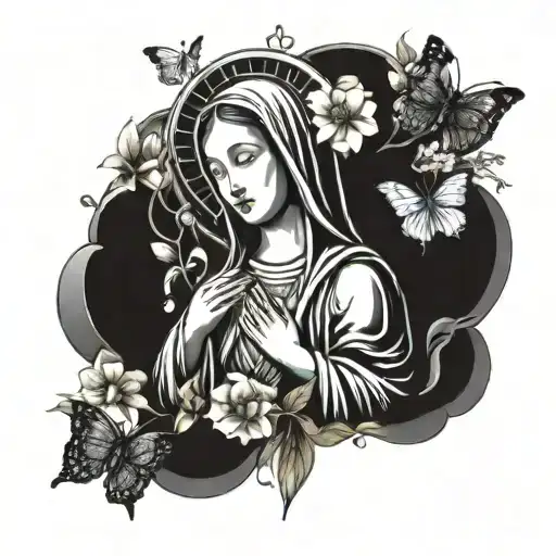 A Chicano-inspired Virgin Mary Surrounded By Butterflies And Flowers