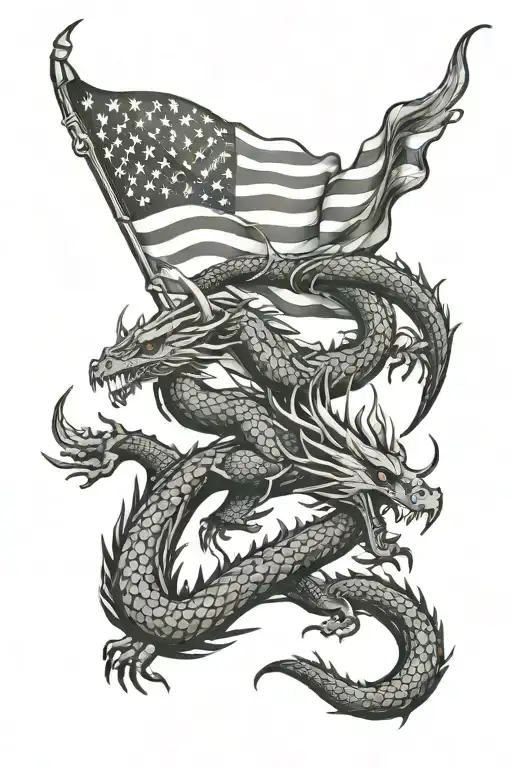 Usa Flag And Dragon Breathing Fire