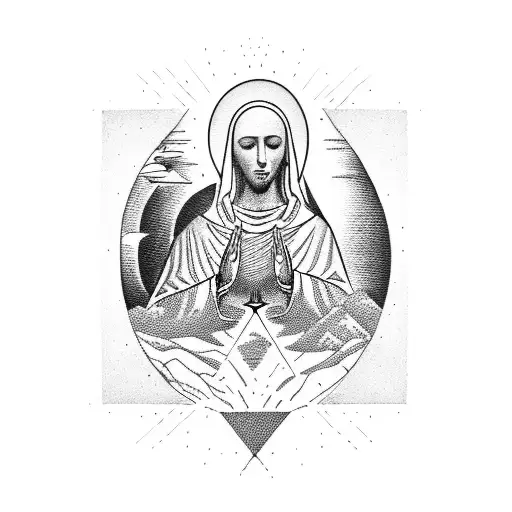 A Blackwork Tattoo Of A Mountain Range With A Hidden Image Of The Virgin Mary