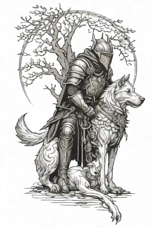 Haggard Battle-worn Knight Kneeling Before Yggdrasil With His Faithful Dog