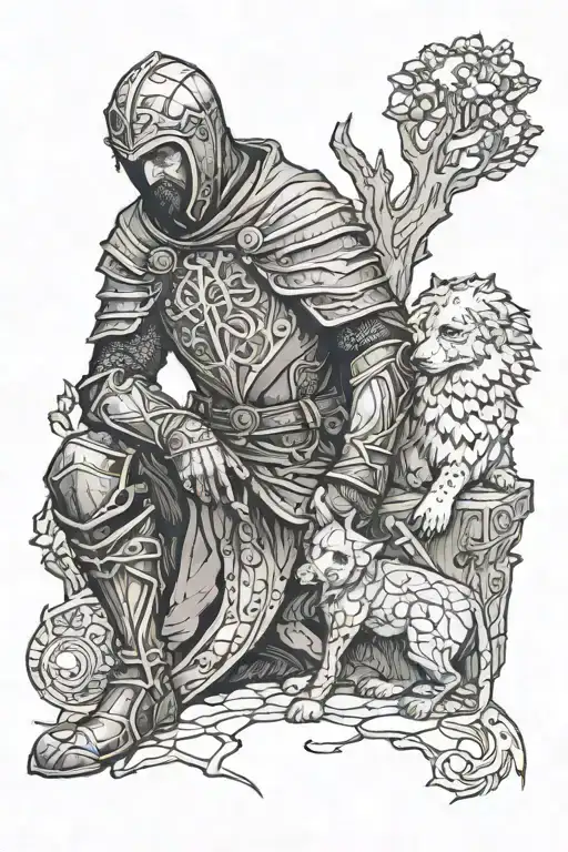 Haggard Battle-worn Knight Kneeling Before Yggdrasil With His Faithful Dog Beside Him