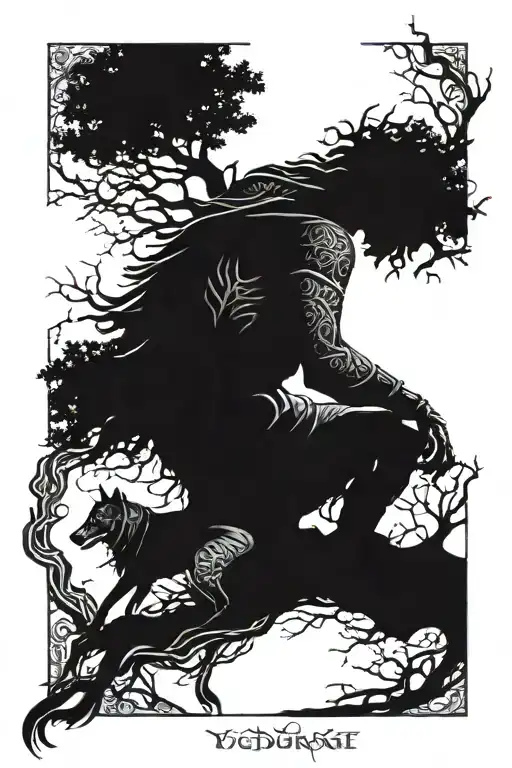 Yggdrasil With A Haggard Battle-worn Knight Kneeling With His Faithful Dog Beside Him