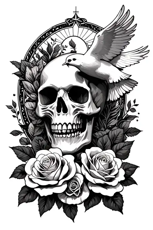 Skull With Roses And White Dove Holy Spirit Above