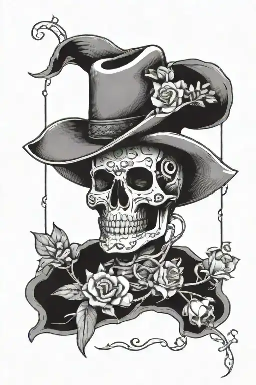 Tarot Card Design Featuring Sugar Skull With Cowboy Hat Barb Wire Cross Forget Me Not Flowers